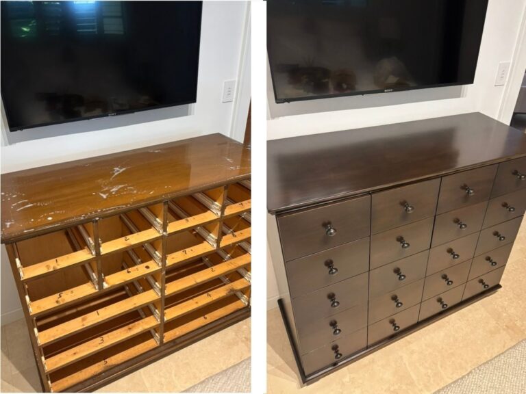 Before and after of built-in cabinetry refinished in a dark finish by Nine Martin