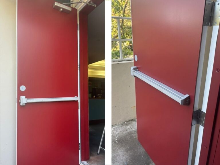 Red commercial metal door painted by Nine Martin