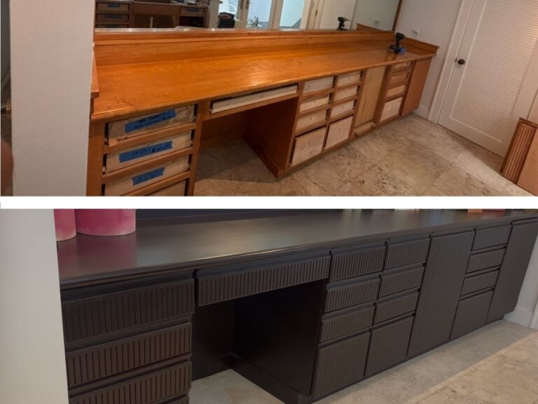 Before and after views of custom built-in cabinetry refinished by Nine Martin