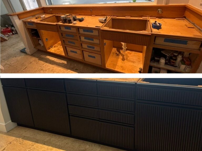 Custom cabinetry before and after refinishing by Nine Martin