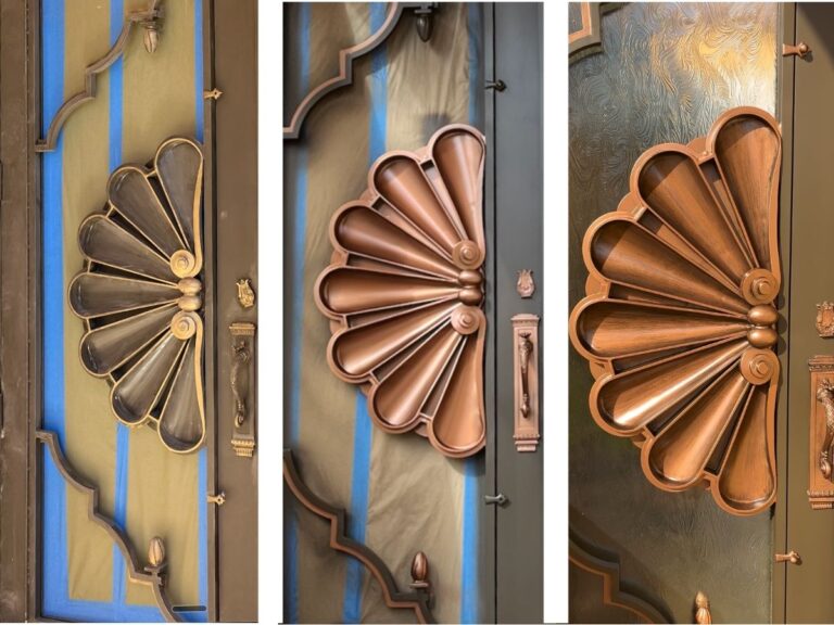 Decorative entry door refinishing with a bronze metallic finish by Nine Martin - before and after