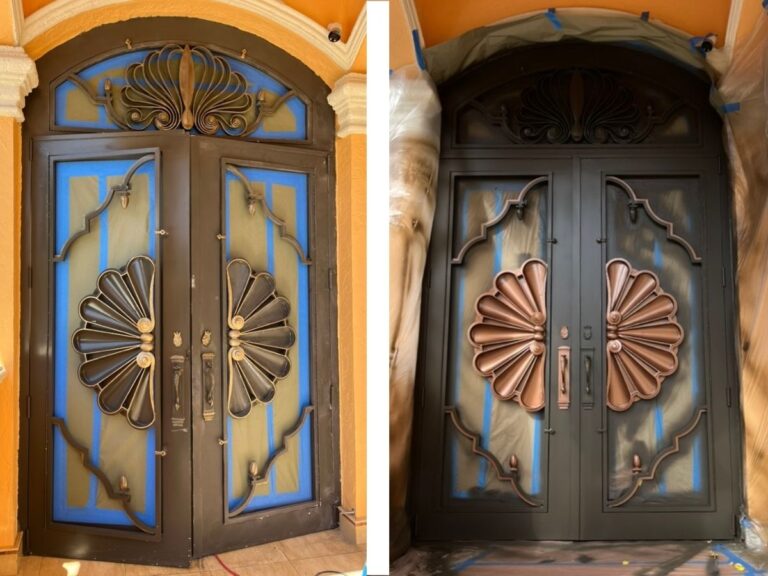 Before and after of decorative double entry doors refinished by Nine Martin