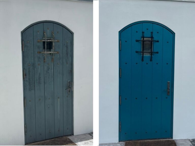 Before and after of an exterior door painted blue by Nine Martin