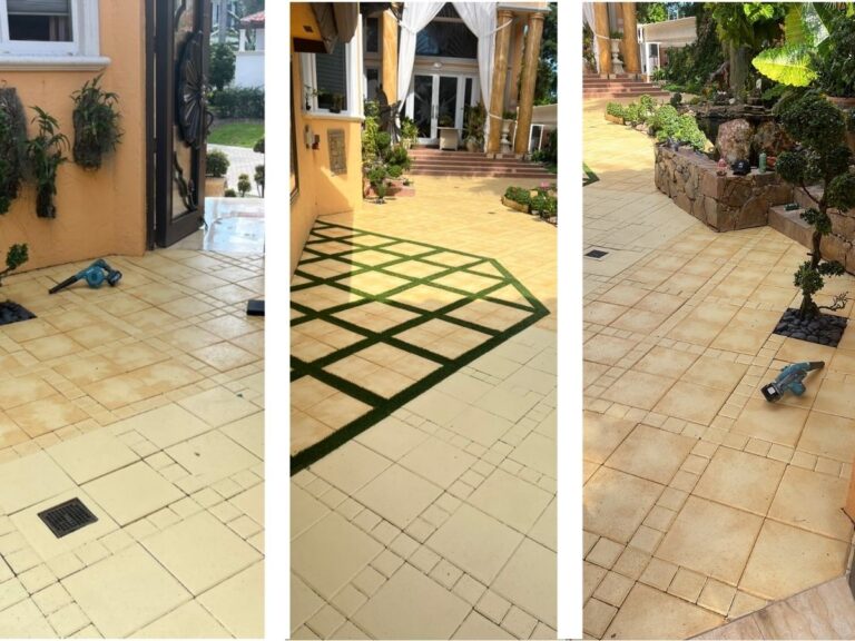 Before and after of a faux finish tile project by Nine Martin