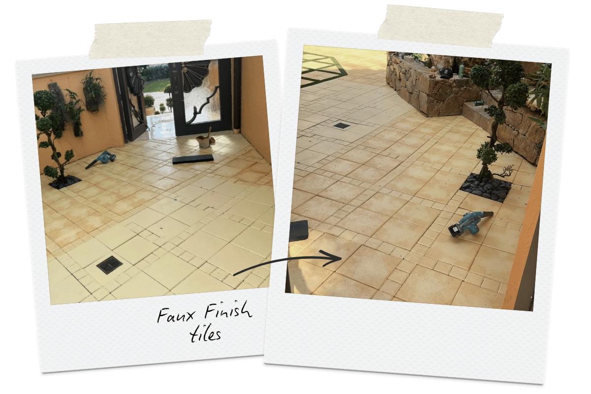 Before and after of a faux finish tile project by Nine Martin