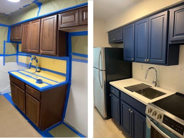 Before and after of a kitchen cabinet refinishing project by Nine Martin