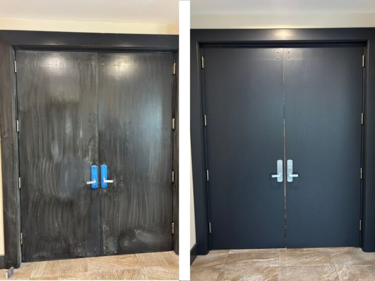 Before and after of metal double doors refinished in a dark finish by Nine Martin