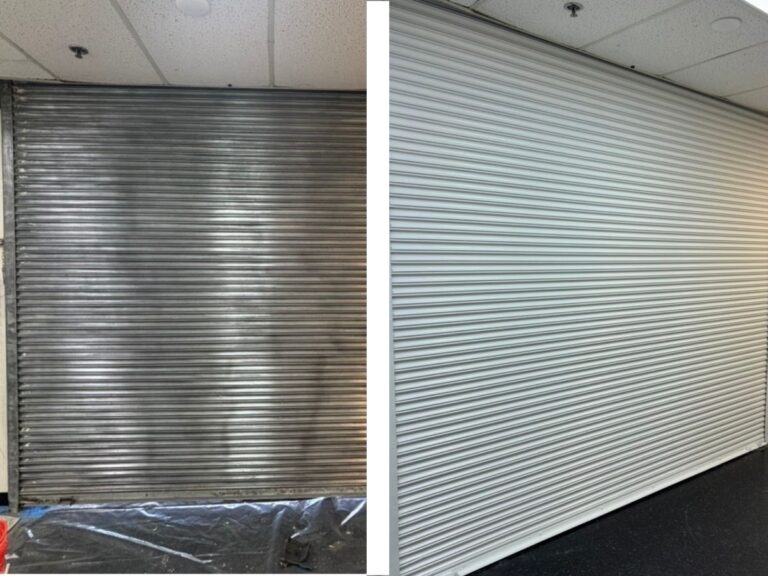 Before and after of a metal roll-up door refinishing project by Nine Martin