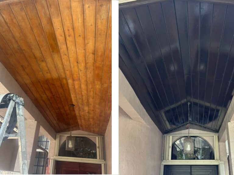 Before and after of a wood ceiling refinishing project by Nine Martin