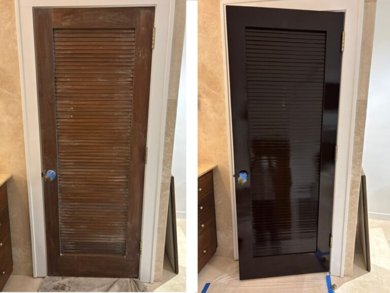 Before and after of a wood door refinishing project by Nine Martin
