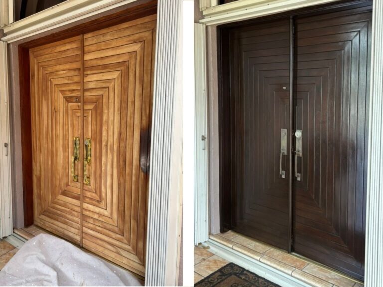 Before and after of a wood entry door refinishing project by Nine Martin